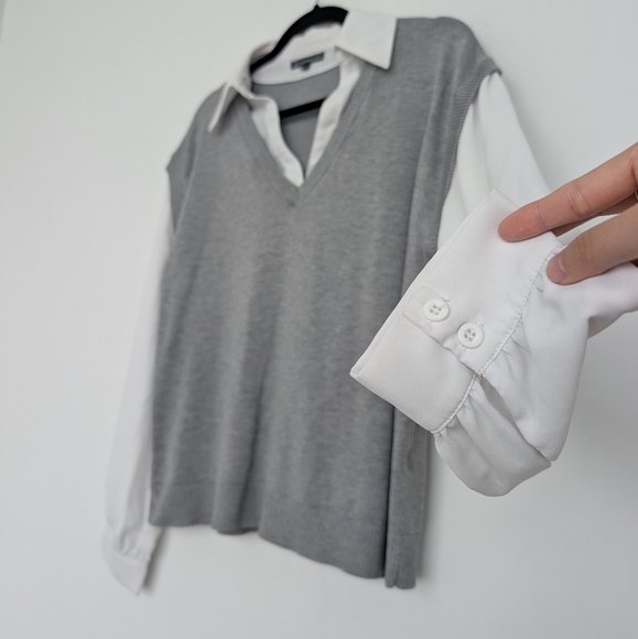 Adrianna Papell Mixed Media Chiffon And Knit Academia V-Neck Sweater Top Sz L - Picture 4 of 14